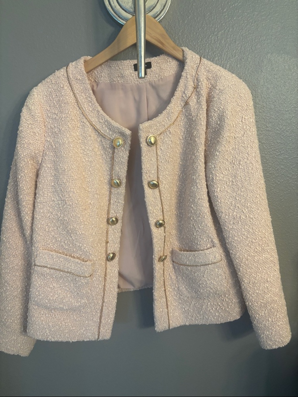 Express Light Pink Bouclé Blazer with Gold Buttons